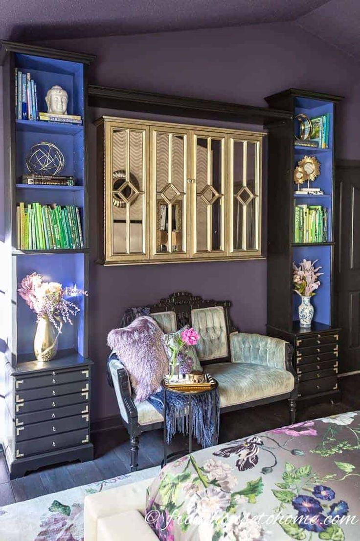 Dark Purple, White And Gold Master Bedroom Dark Purple Bedroom Walls, Dark Purple Bedrooms, Small Home Library Design, Dark Purple Bedroom, Purple Bedroom Walls, Small Home Library, Couple House, Home Library Design Ideas, Cozy Home Library