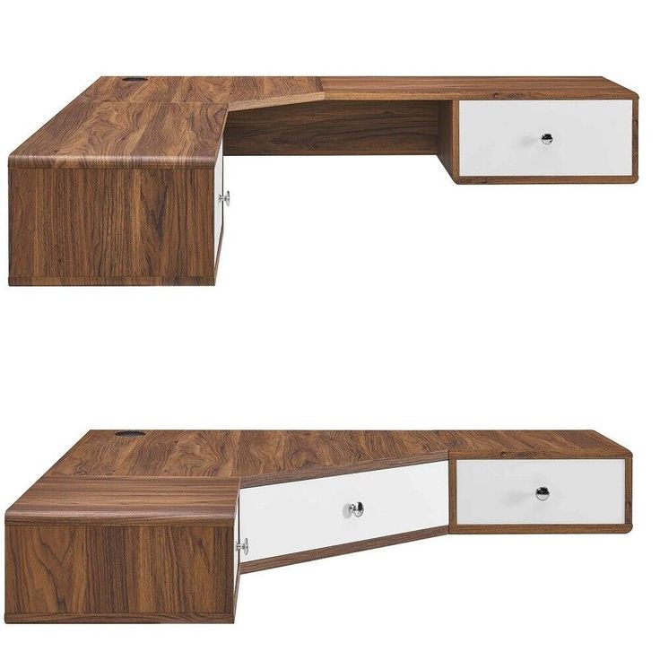 two wooden desks with white drawers on each side and one in the same color