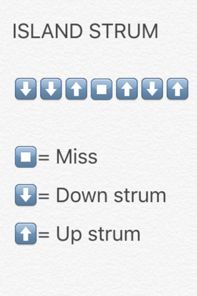 an iphone screen with the words island strum and miss down strum on it