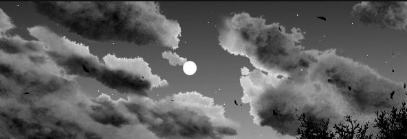 black and white photograph of clouds in the sky with birds flying around them at night