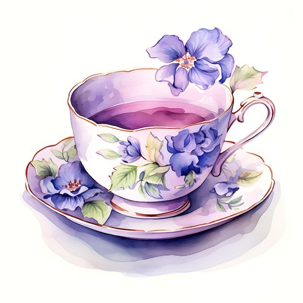 a painting of a tea cup and saucer with flowers on the side, painted in watercolor