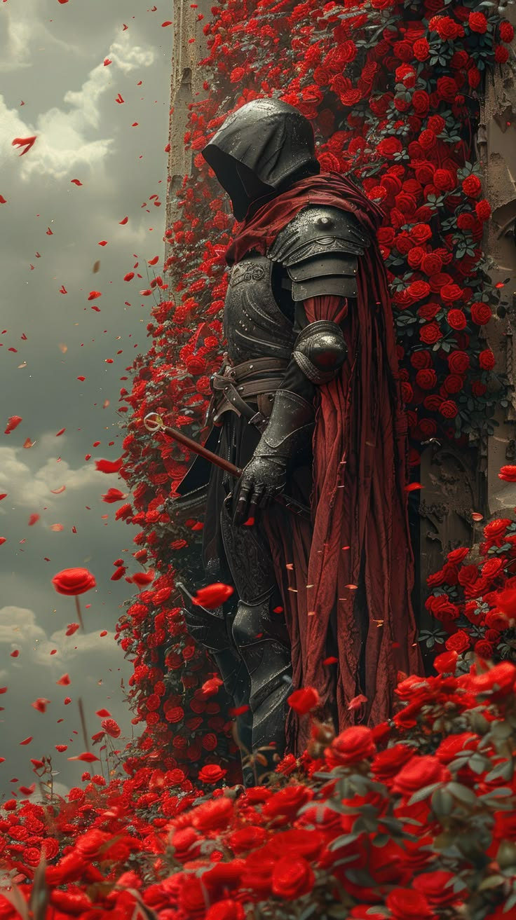 a man in armor standing next to a wall covered with red flowers