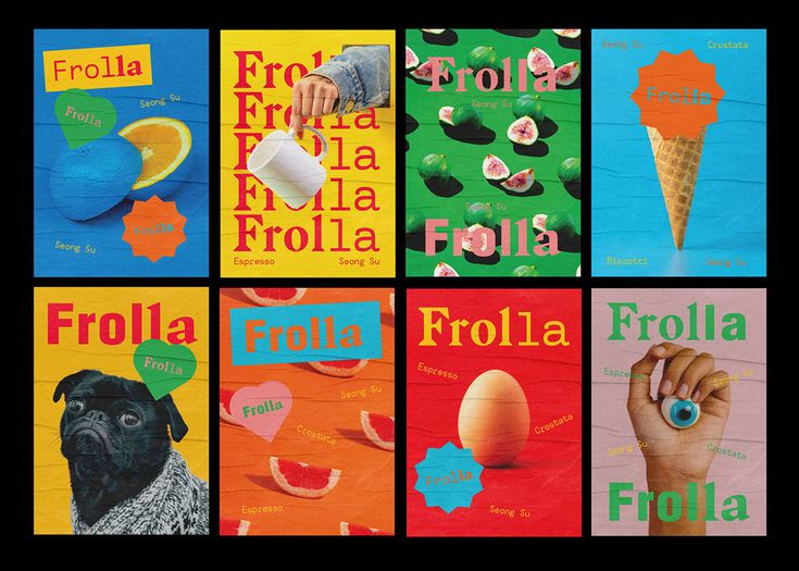 four posters with different types of fruit and ice cream on them, each featuring an image of a pug