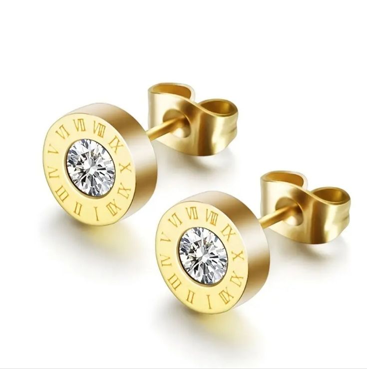 Newbeautiful!! Stainless Steel Cz Roman Numeral Stud Earrings In Gold. Post Backings With Lock Closures. Perfect For Yourself Or As A Gift. Very Unique And Different. Very Shiny And Brilliant. Suitable For All Occasions. Suitable For Most Ages. Nwt Double Circle Necklace, Letter Model, Engagement Earrings, Stud Earrings For Men, Bracelet Pendant, Style Baroque, Stud Jewelry, Matching Bracelet, Roman Numeral