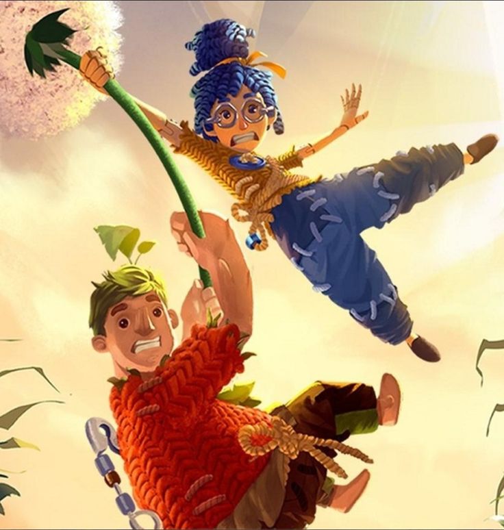 two people are flying through the air with dandelions in their hair and one is holding a green stick