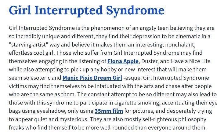 an article about girl interrupted syndrome in the text below it reads, girl interrupted syndrome is the pheromon of an angry teen