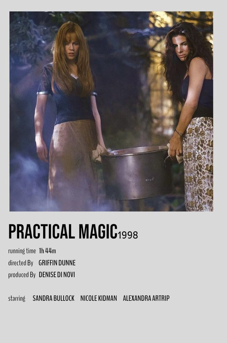 two women standing next to each other in front of a poster with the words practical magic