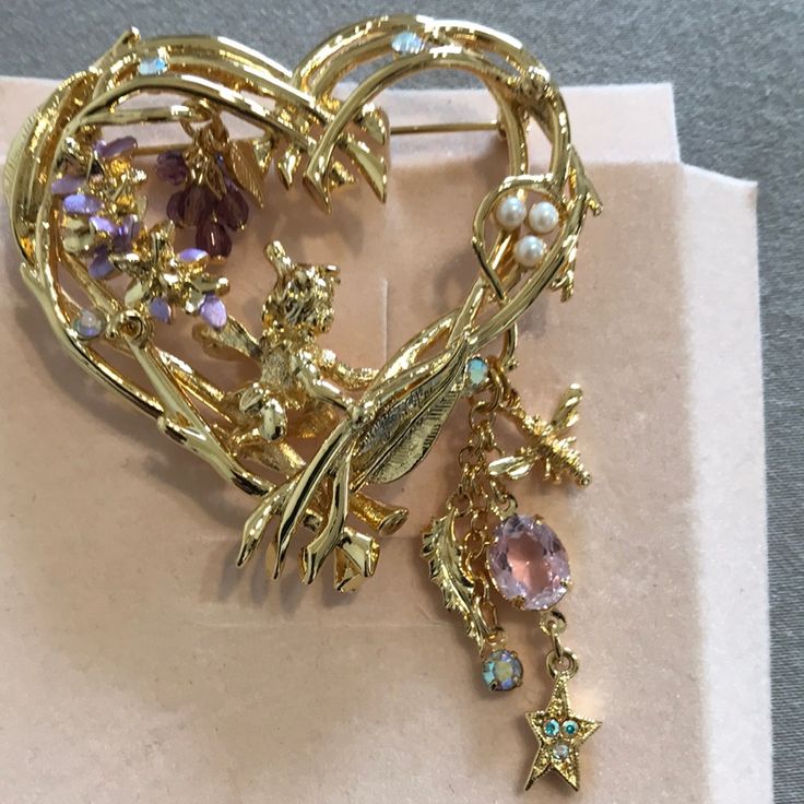 2.5x2.5 Heart Shaped Golden Branches With Dangling Charms.Tiny Pearls, Crystals And Amethyst Stones With A Little Fairy In Center. Kirks Folly Jewelry, Kirks Folly, Amethyst Stones, Amethyst Stone, Heart Shapes, Amethyst, Size 2, Charms, Women Jewelry