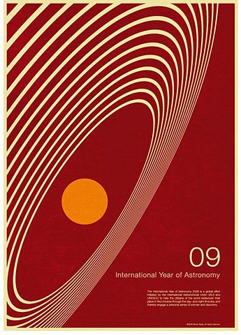 the international year of astronomy poster, featuring an orange sun and wavy lines on red paper