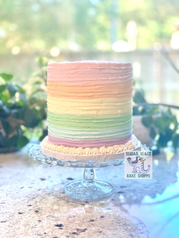 a multi colored cake sitting on top of a glass plate next to a potted plant