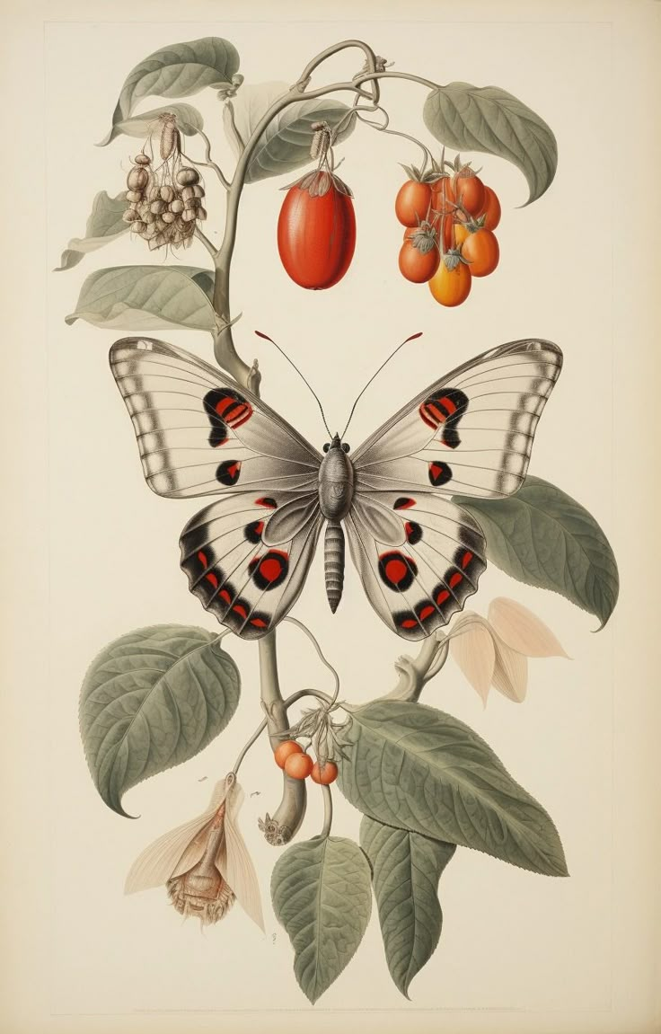 a butterfly sitting on top of a green leaf covered tree branch next to berries and leaves