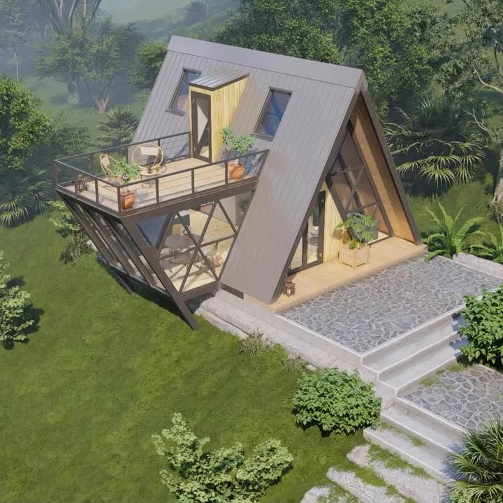 an aerial view of a house in the middle of some trees and grass with stairs leading up to it