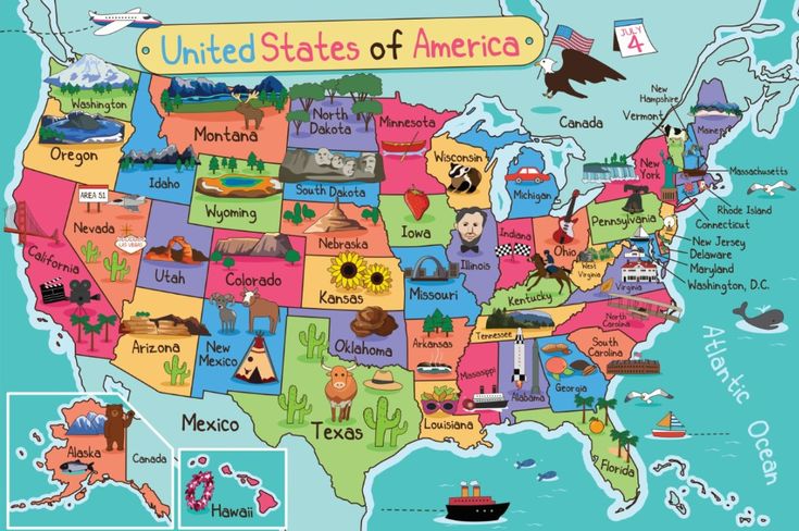 a map of the united states with pictures of animals and places to see on it