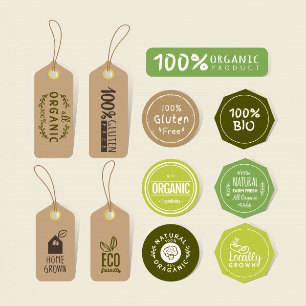 set of organic labels and stickers with price tags for organic products on white background