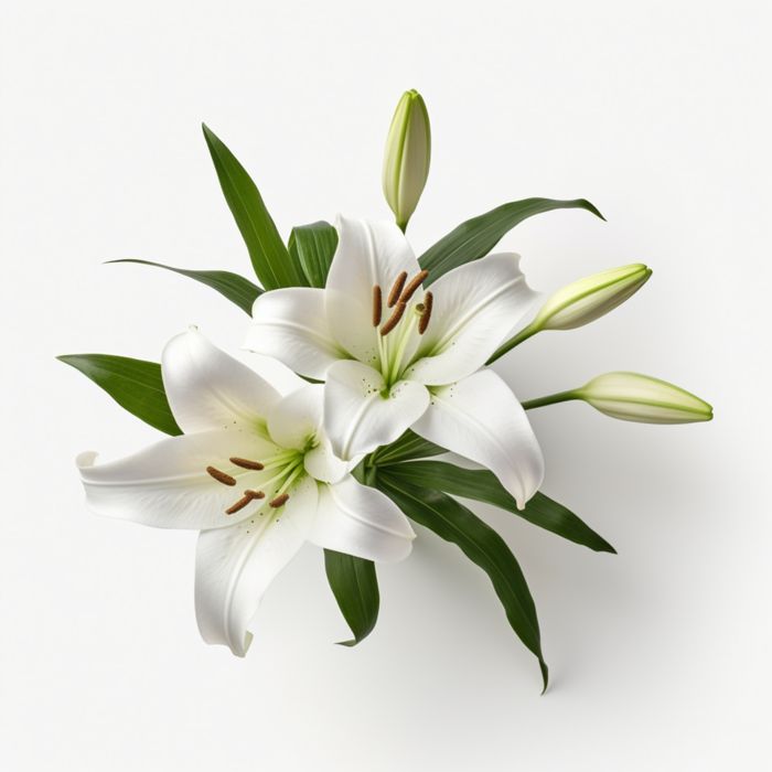 white lilies with green leaves on a white background