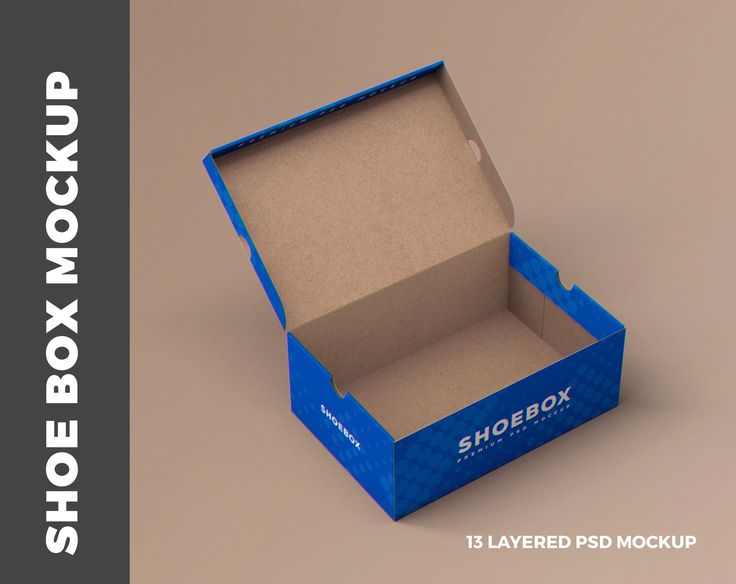 an open shoe box mockup on a brown background