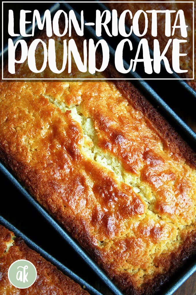 lemon - ricotta pound cake on a cooling rack with the title overlaying