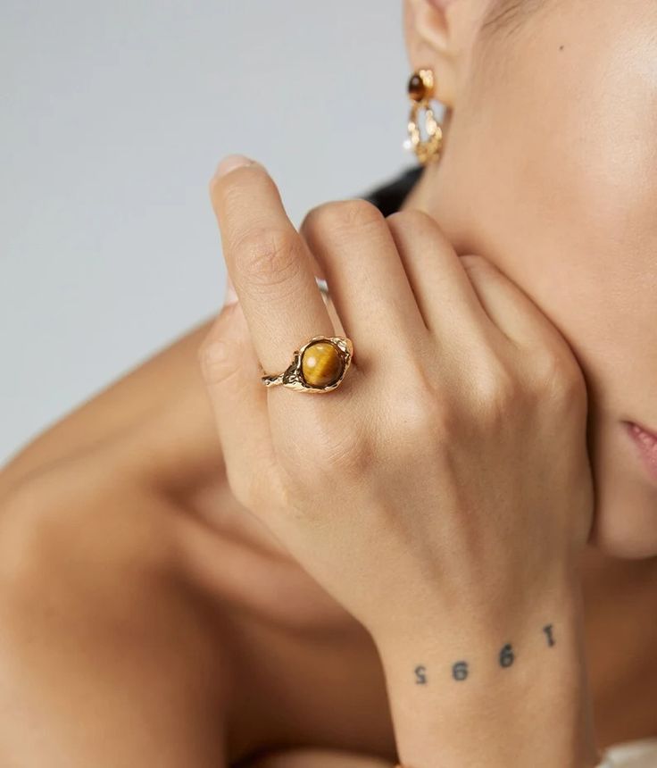 Elegant Tiger Eye Jewelry Set by Samd, Delicate Dainty Earrings and Ring, Unique Statement, 18K Gold, High-end Artistic Style - Etsy Recycled Gold Gemstone Ring, 14k Gold Oval Amber Jewelry, Luxury Citrine Jewelry With Matching Earrings, Unique Recycled Gold Gemstone Jewelry, Fine Jewelry Citrine With Polished Finish, Dainty Citrine Round Jewelry, Gold Plated Open Ring With Gemstone, Elegant Citrine Ring Jewelry, Yellow Adjustable Open Ring Jewelry