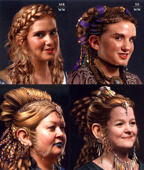 four different pictures of women with braids and hair accessories on their heads, one is wearing