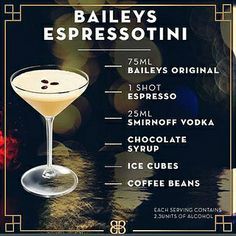 an advertisement for bailey's espresso martini, featuring the names and ingredients