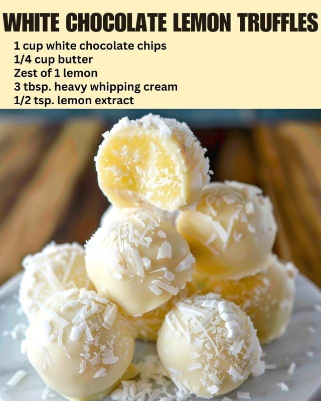 white chocolate lemon truffles are stacked on top of each other