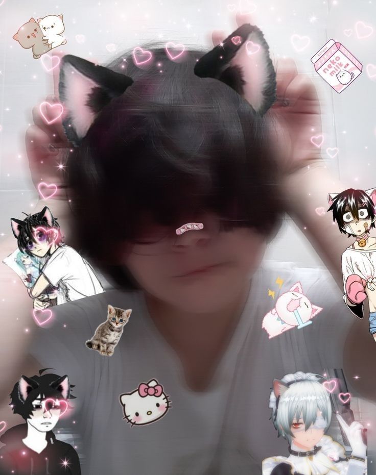 a person with many stickers on their head in front of a cat - shaped background