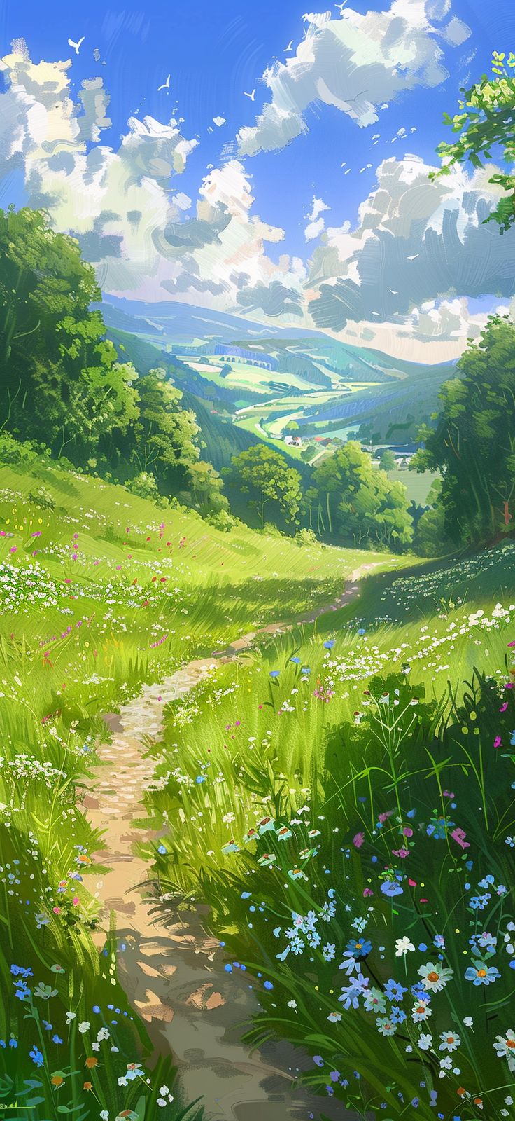 a painting of a path in the middle of a field with wildflowers and trees