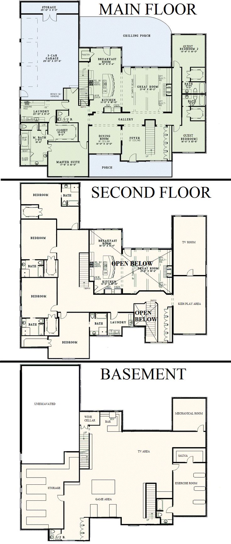 two floor plans for the second and third floors of a house with multiple levels to each level