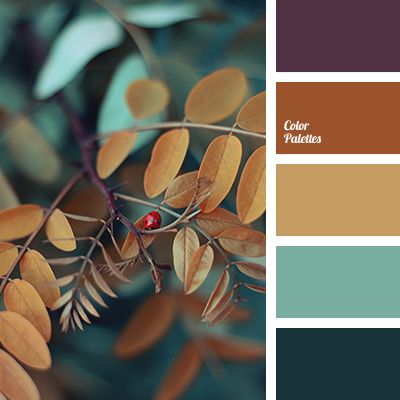 a color palette with different shades of brown, teal and green leaves on it