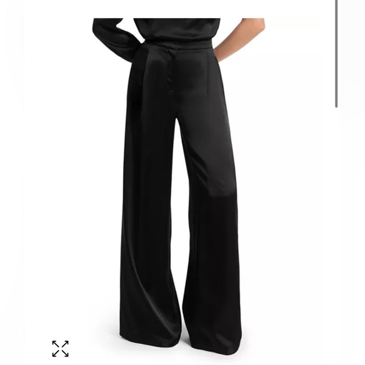 Michael Michael Kors Wide Leg Satin Pants - Black Center Front Zipper Closure Wide Leg Silhouette Dry Clean Chic Silk Pants For Night Out, Chic Silk Bottoms For Evening, Silk High-waisted Pants For Evening, Silk High-waisted Pants For Party, Silk Party Trousers, Chic Silk Pants For Workwear, Elegant Silk Bottoms For Date Night, Sleek Silk Party Pants, Black Wide-leg Pantsuit For Formal Occasions