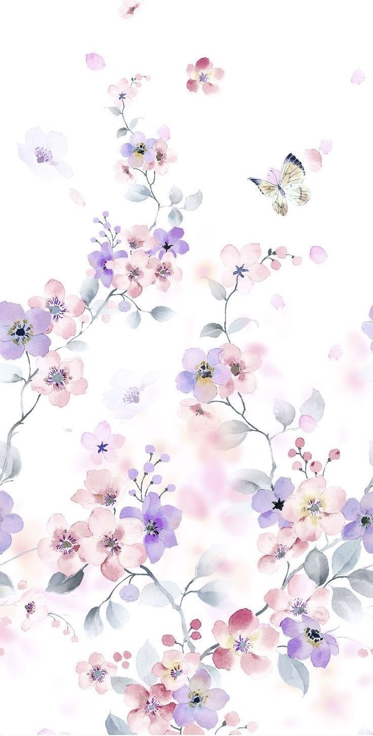 an artistic painting of flowers and butterflies on a white background with watercolor paint effect