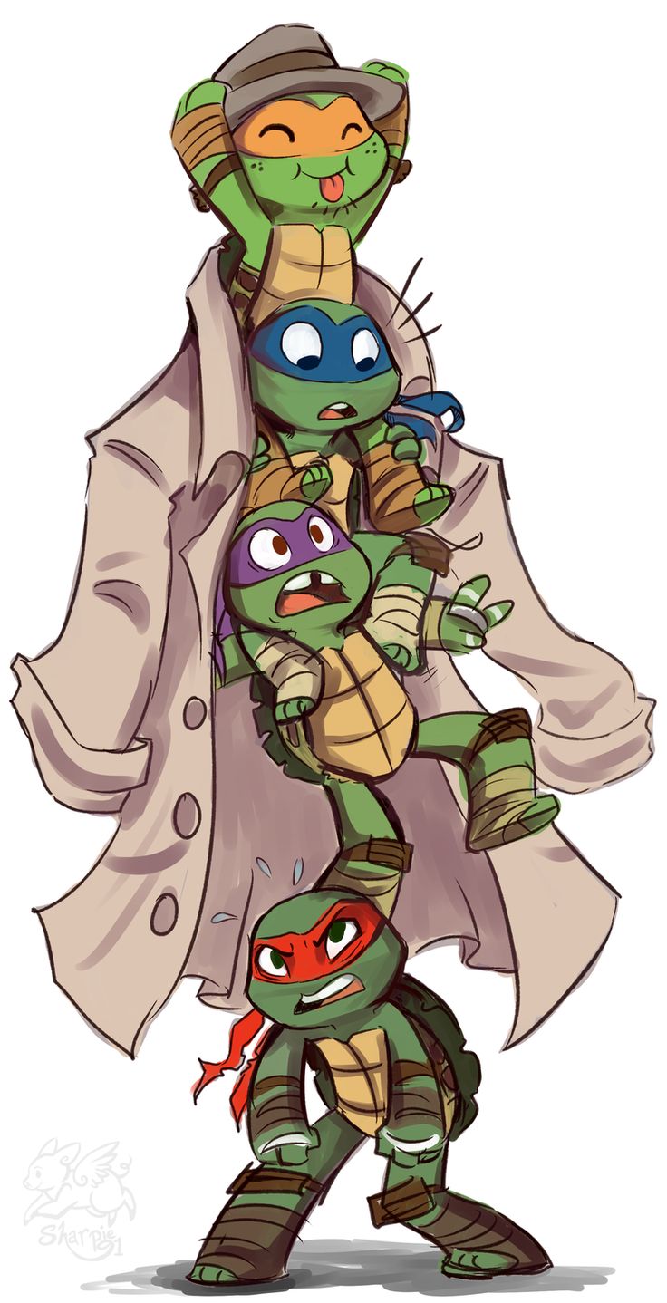 the teenaged turtles are all dressed up in their respective outfits and hats, while one is