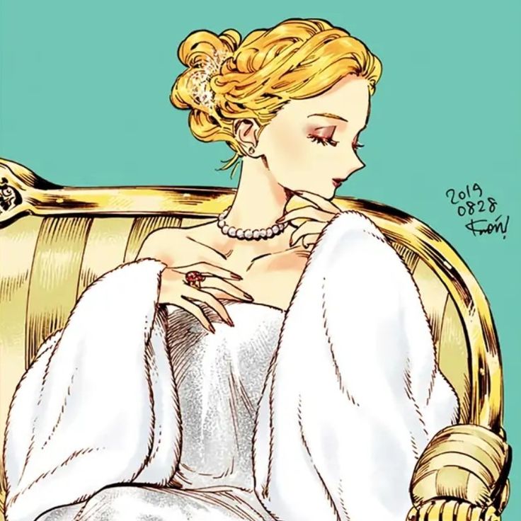 a drawing of a woman sitting in a chair wearing a white dress and pearls on her head