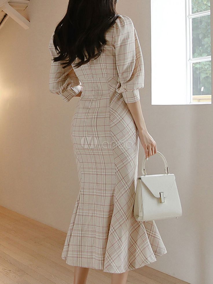 Korean Fashion Women Dresses, Long Sleeve Pencil Dress, Modest Summer Outfits, Cute Dress Outfits, Elegant Outfits, Fishtail Dress, Korean Fashion Women, Contrast Collar, Basic Dress