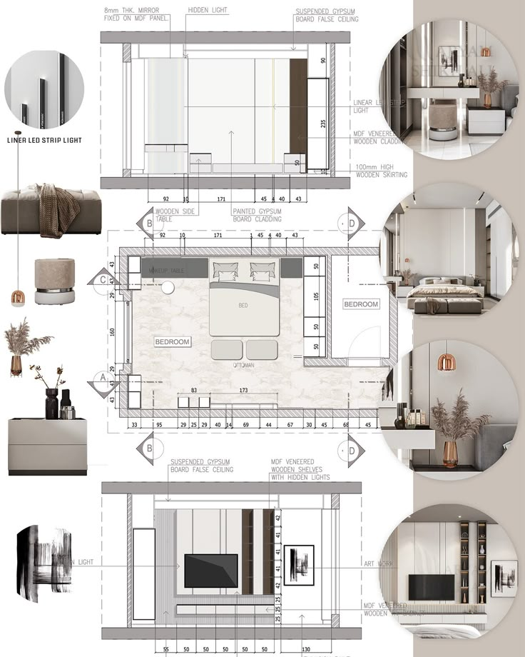 an architectural drawing of a kitchen with all the details in one place and furniture on the other