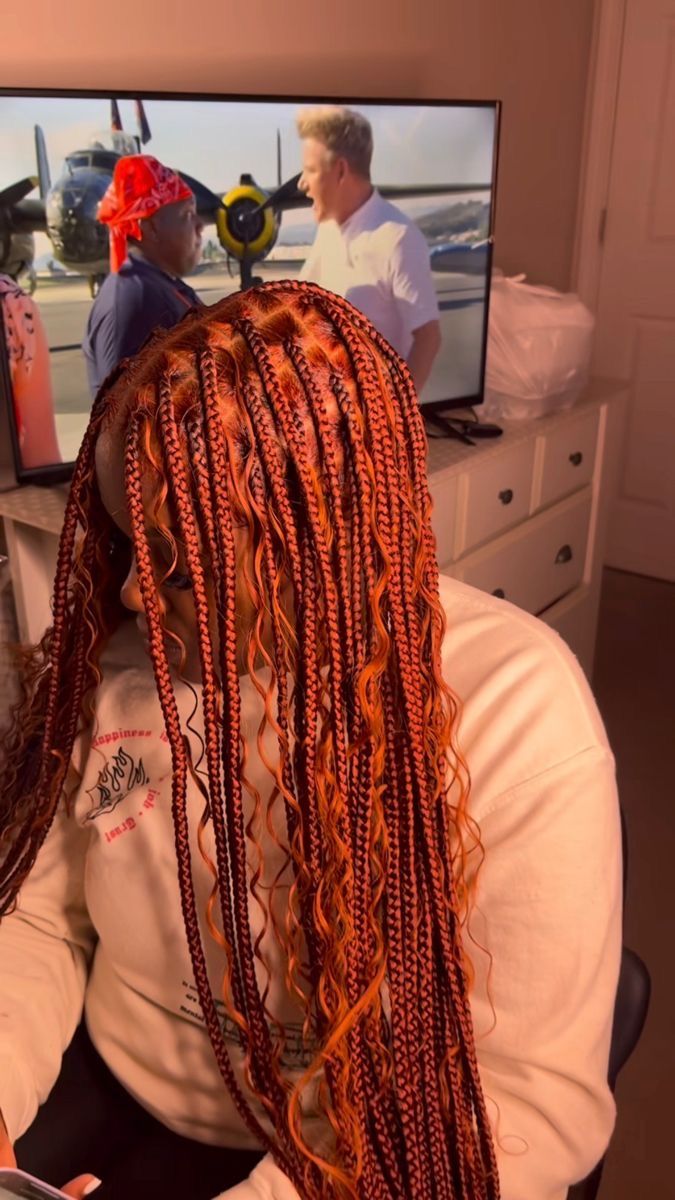 Ginger Goddess Braids Black Women, Knotless Braids With Ginger Color, Ginger Red Boho Braids, Small Knotless Box Braids Ginger, Knotless Box Braids Medium Ginger, Autumn Box Braids, Ginger Copper Box Braids, Cooper Braids Black Women, Burnt Orange Braids For Black Women