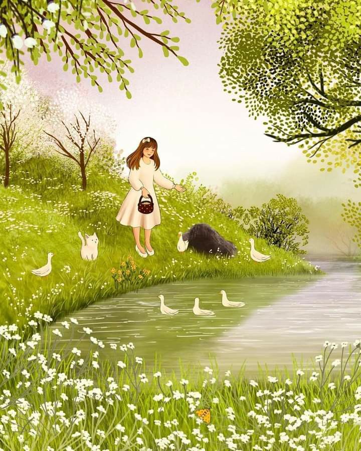 a painting of a girl and ducks in the grass next to a pond with water