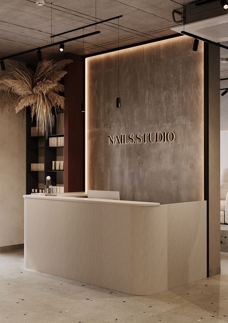 the front desk of a nail studio with palm trees in the background