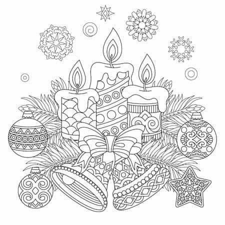 a christmas candle surrounded by ornaments and snowflakes on a white background coloring book page