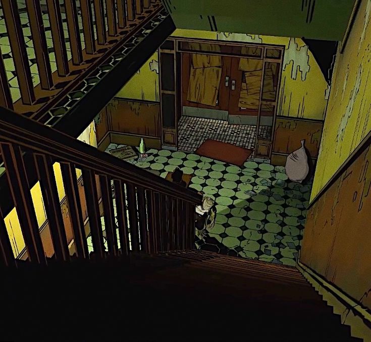 an animated image of a staircase leading up to a bed in a room with green and yellow walls