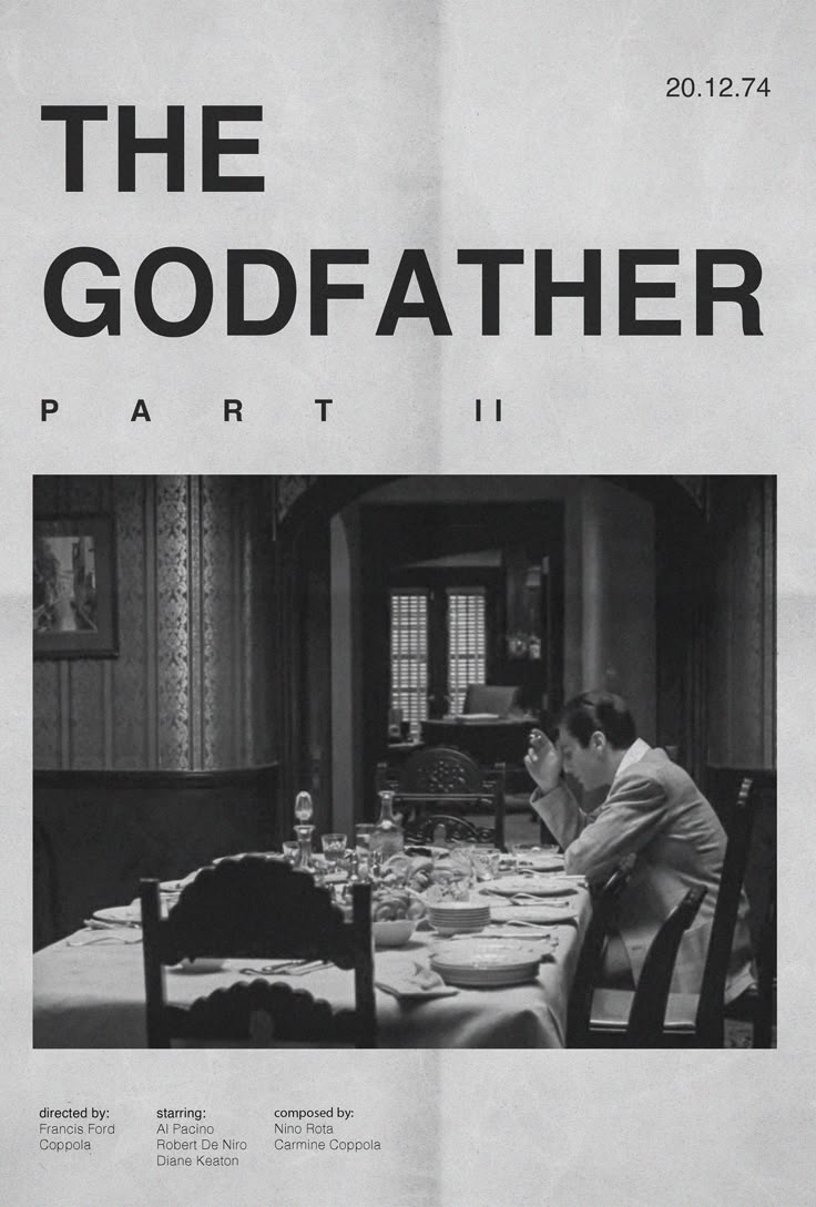 an advertisement for the movie, the godfather part ii featuring two men sitting at a dinner table