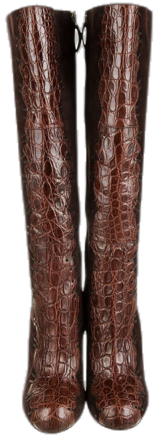 Roberto Cavalli Shoes, Luxury Fitted Crocodile Pattern Boots, Luxury Crocodile Pattern Boots, Roberto Cavalli Boots, Roberto Cavalli Green Dress, Roberto Cavalli Animal Print, Roberto Cavalli 2003 Spring, Leather High Heel Boots, Suede High Heels