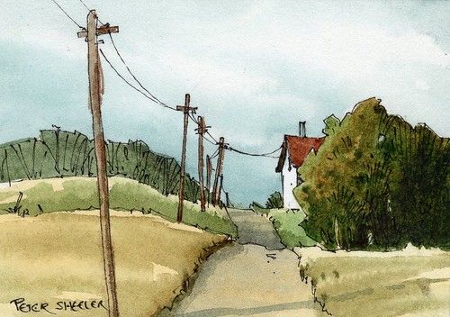 a watercolor painting of a country road with telephone poles and houses in the background