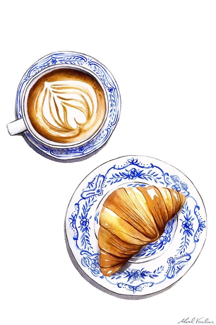 two croissants on plates next to a cup of coffee with cream in it