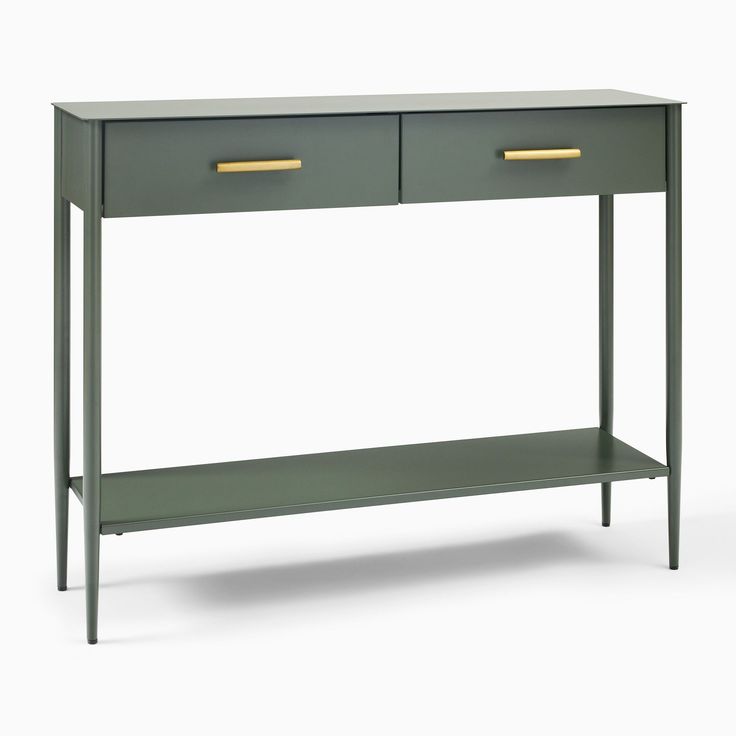 a green console table with two drawers and gold handles on the top, against a white background