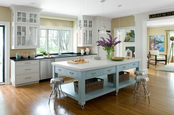 a large kitchen with an island in the middle