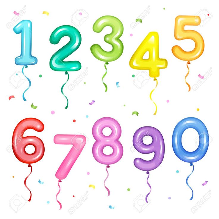 colorful balloons with numbers and confetti on white background