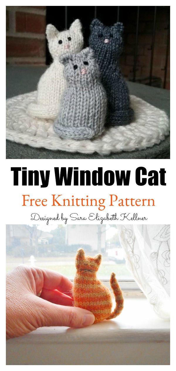 three knitted cats sitting on top of a window sill with the caption tiny window cat free knitting pattern