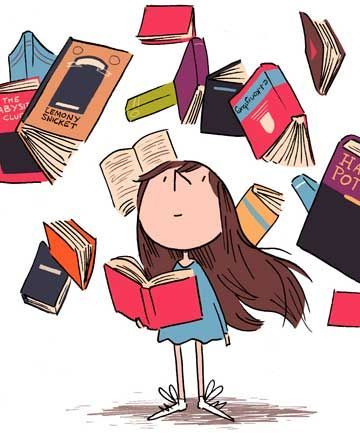 a girl is surrounded by books flying in the air