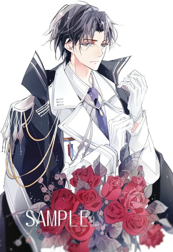 an anime character with black hair and white shirt holding red roses in his hand while standing next to him